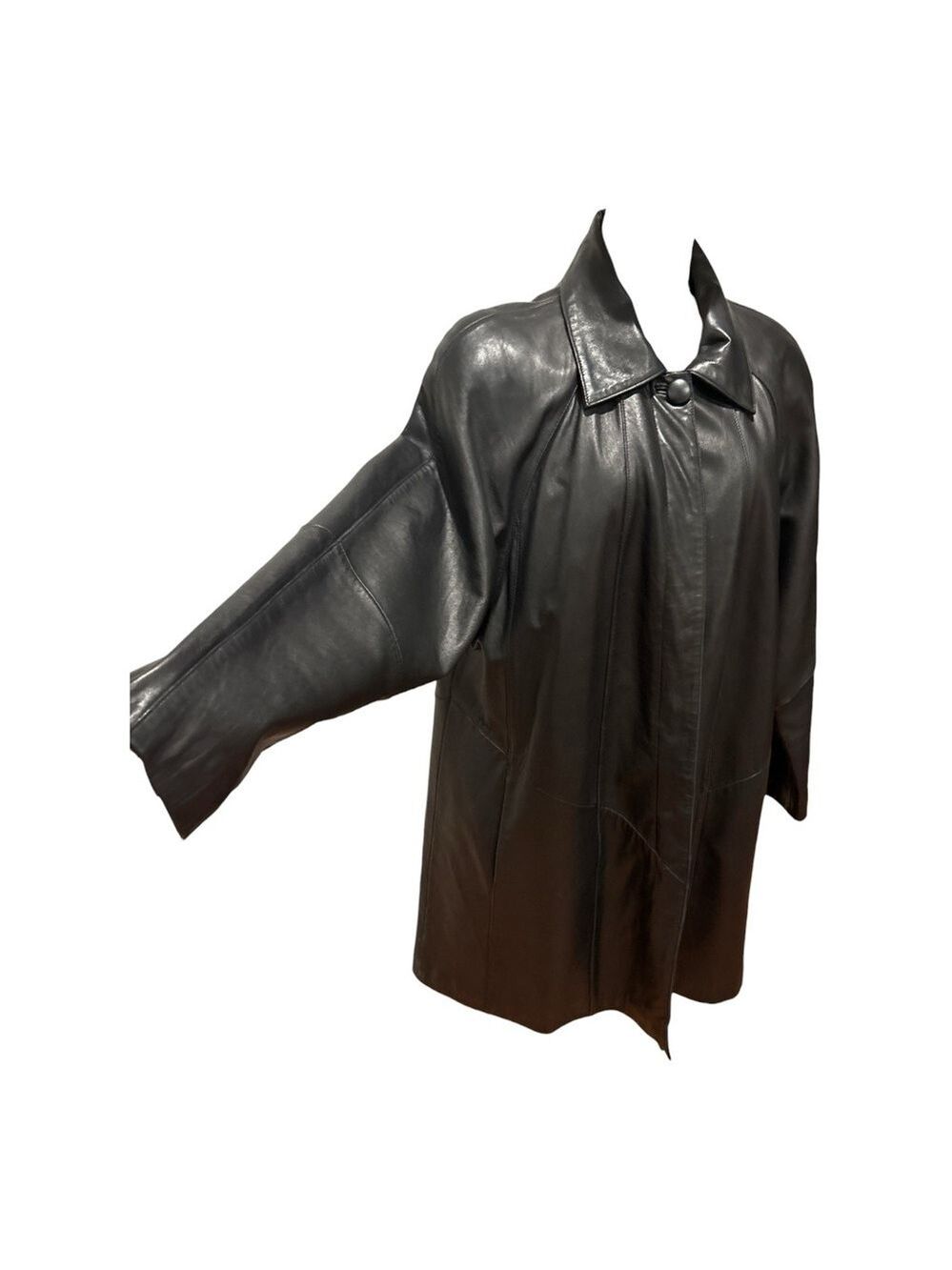 80s COLDWATER CREEK SOFT LEATHER BLACK CONCEALED BUTTON STOLLER COAT SZ XL - Picture 4 of 10
